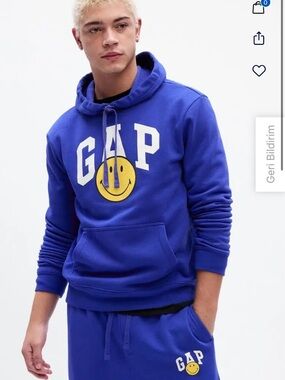 GAP Men's Bright Blue Logo Hoodie with Yellow Smile